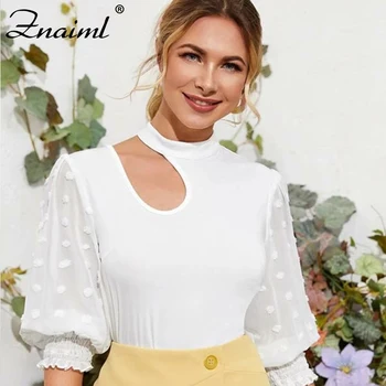 

Znaiml Elegan Women's Mesh Sheer Blouse Hollow Out Shirts o-neck Lace Puff Half Sleeve Tops Woman Summer Casual Blouses Female