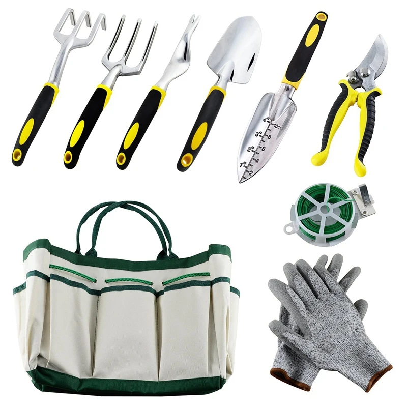 

Garden Tools Set,Hand Gardening Kit With A Plant Rope, Soft Gloves, A Garden Tote And 6 Pcs Garden Tools With Non-Slip Handle