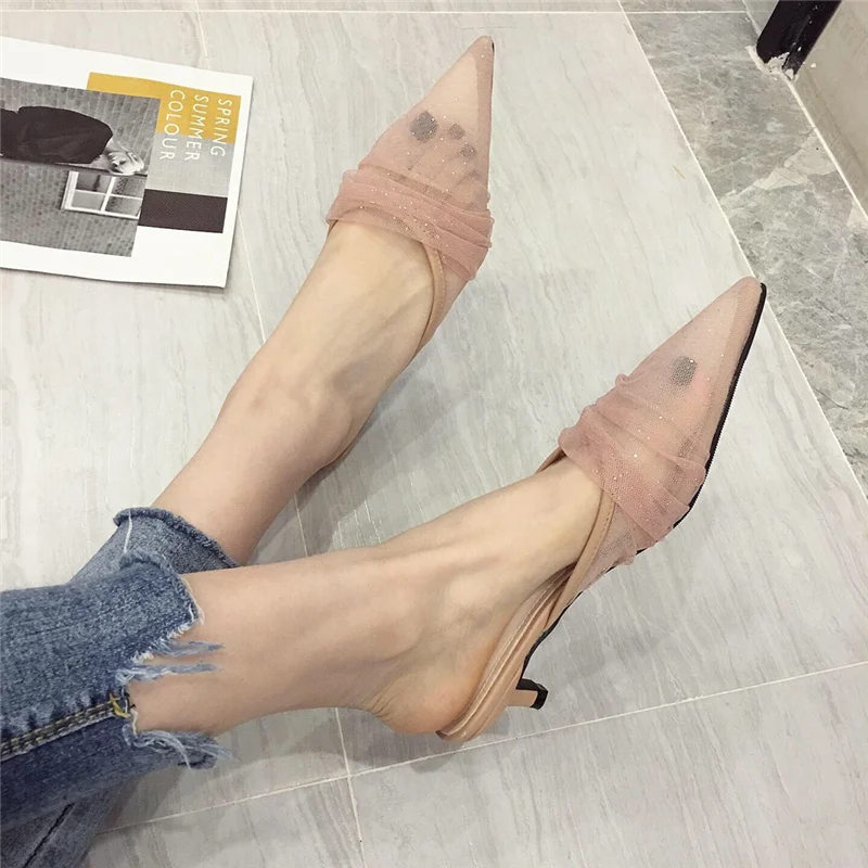 

2020 Summer Sweet Women Bling Pink Spike High Heels Slides Mules Designer Glitter Mesh Slippers Pointed Toe Slides Party Shoes