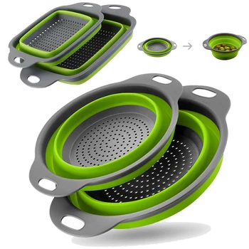 

2 Style Foldable Silicone Fruit Vegetable Washing Basket Strainer Creative Kitchen Accessory Home Gadgets Supplies Square Round