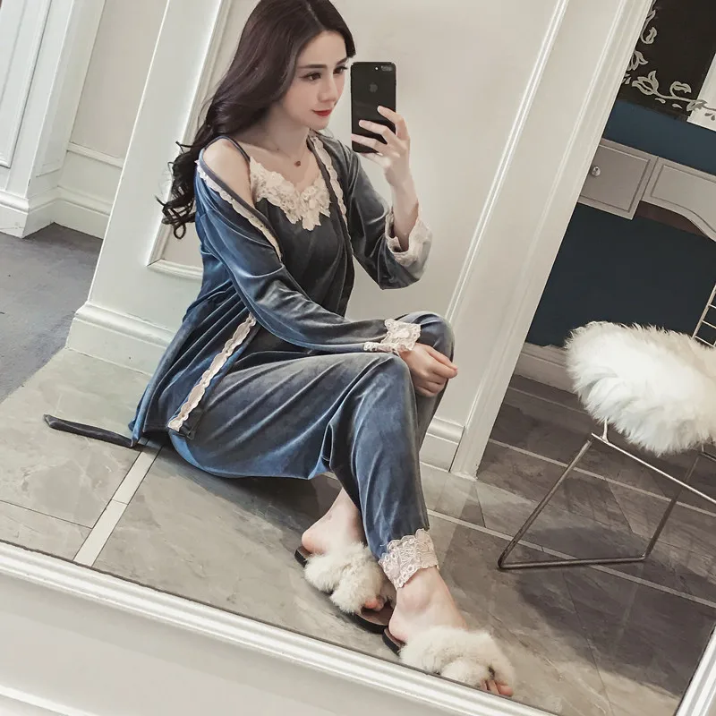 

Autumn And Winter Korean-style-Top Shirt with Narrow Straps Gold Velvet Pajamas Women's Long-Sleeve Coat Casual Trousers Home We