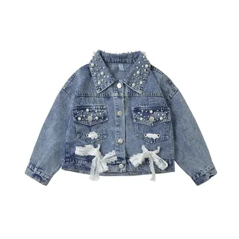 

Children's clothes Pearl Lace Design new girls coat kids spring outerwear cardigan jacket female child long sleeve denim tops