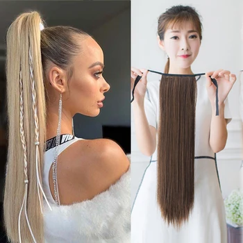 

Women's Synthetic 22 Inch Long Straight Wrap Around Clip In Ponytail Hair Extensions Natural Black Brown Pony Tail Fake Hair