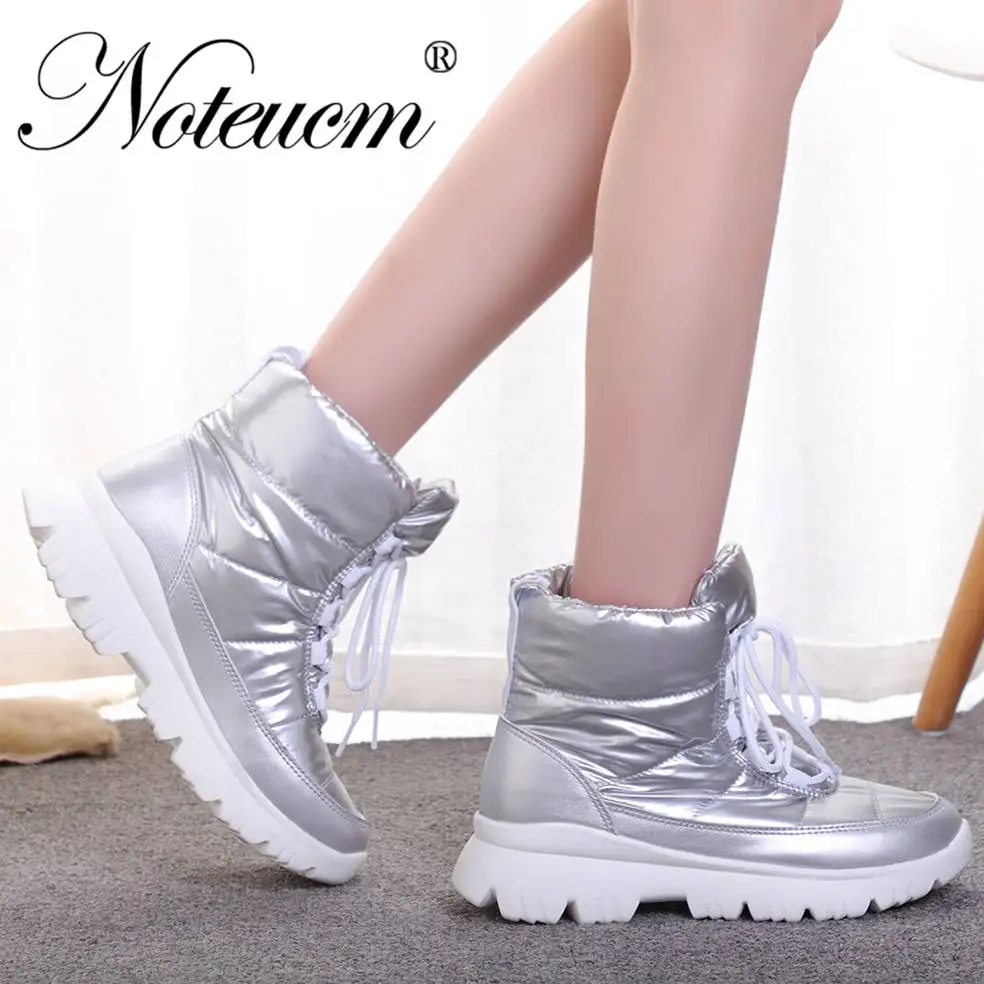 female winter warm Ankle snow boots waterproof platform Flat heel shoes women botte Quilt booties Chunky Thick sneakers fur - Color: A50W01 silver