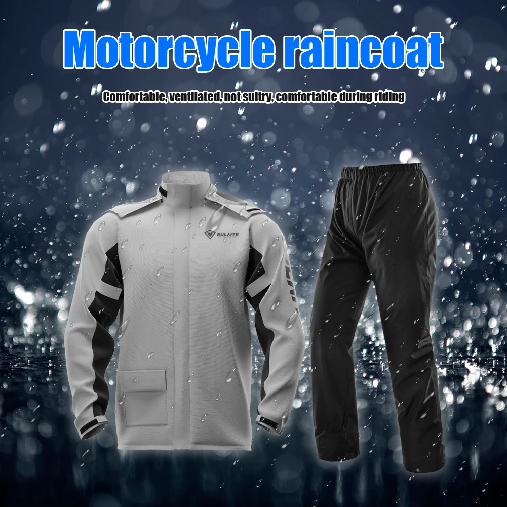 Sulaite Man Reflective Motorcycle Rain Suit Waterproof Rain Jacket + Pants With Shoe Covers Grey/greem