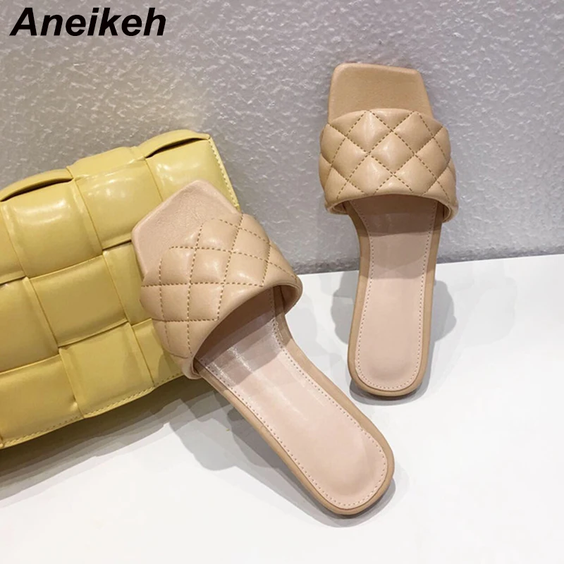 

Aneikeh 2020 NEW Brand Square Toe Flat Slippers Weave PU Leather Women Sandal Casual non-slip Shoes Open Toe Summer Outdoor Mule