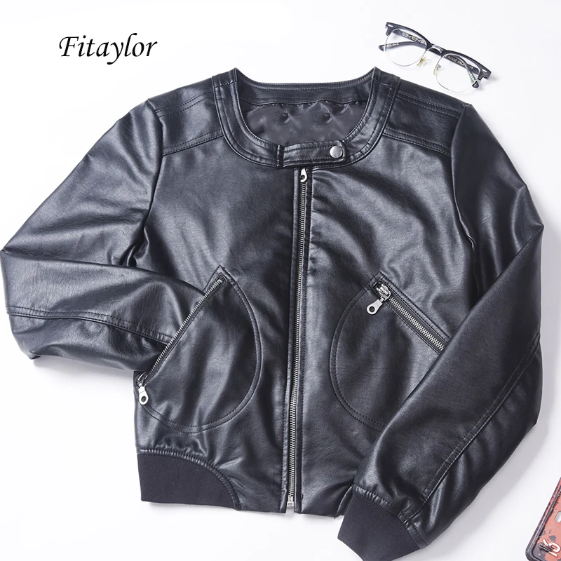 Fitaylor Женская куртка из искусственной кожи больших размеров S-5XL Повседневная куртка на молнии с круглым вырезом Женская короткая байкерская куртка пальто черного и розового цвета
