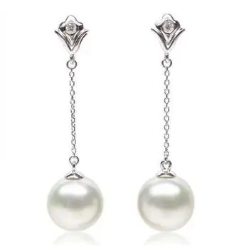 

Free Shipping AAA 11mm White Genuine South Sea Pearl Diamond Long Drop Earrings 18K White Gold