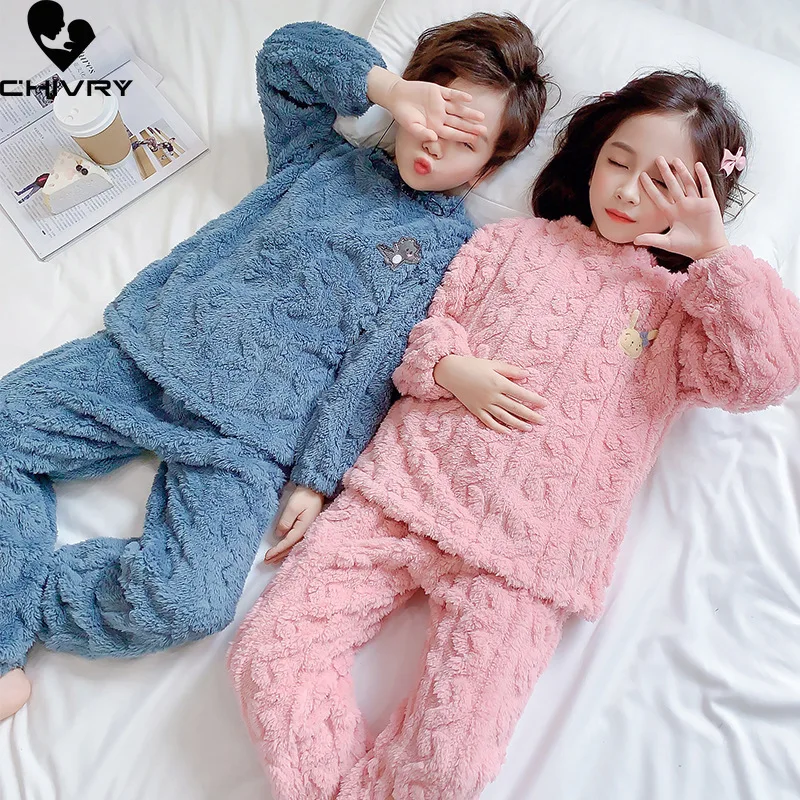 

New Kids Soft Flannel Pajama Sets Boys Girls Autumn Winter Thicken Warm Home Wear Children Long Sleeve Sleeping Clothing Sets