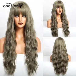 oneNonly Long Body Wave Ombre Gray Purple Synthetic Wigs with Bangs Loose Wave for Women Cosplay Natural Wig Heat Resistant