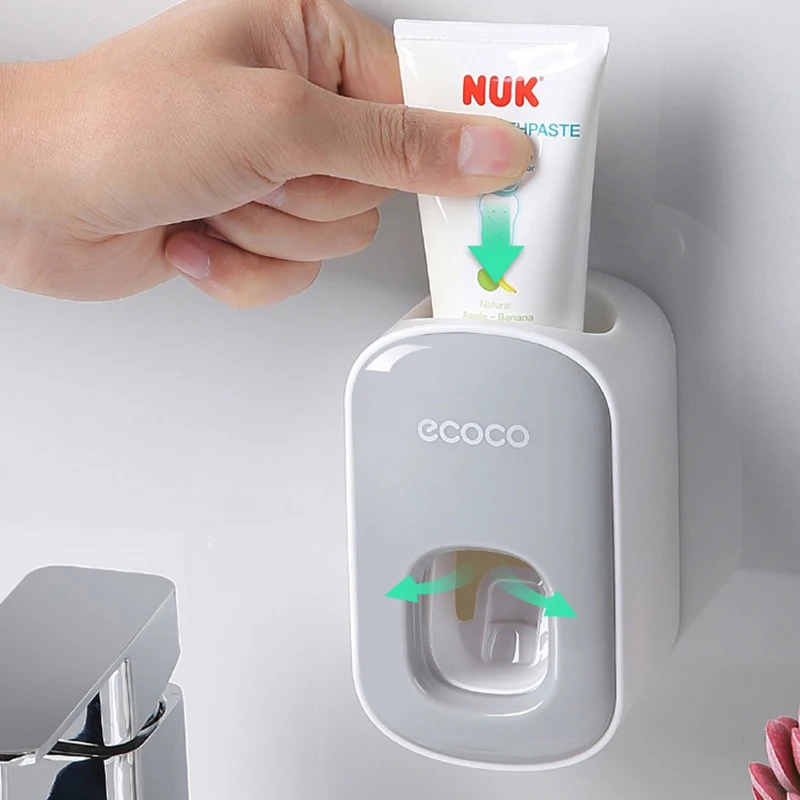 ECOCO Wall Mount Automatic Toothpaste Dispenser Bathroom Accessories Set Toothbrush Holder Wall Mount Stand Bathroom Accessories