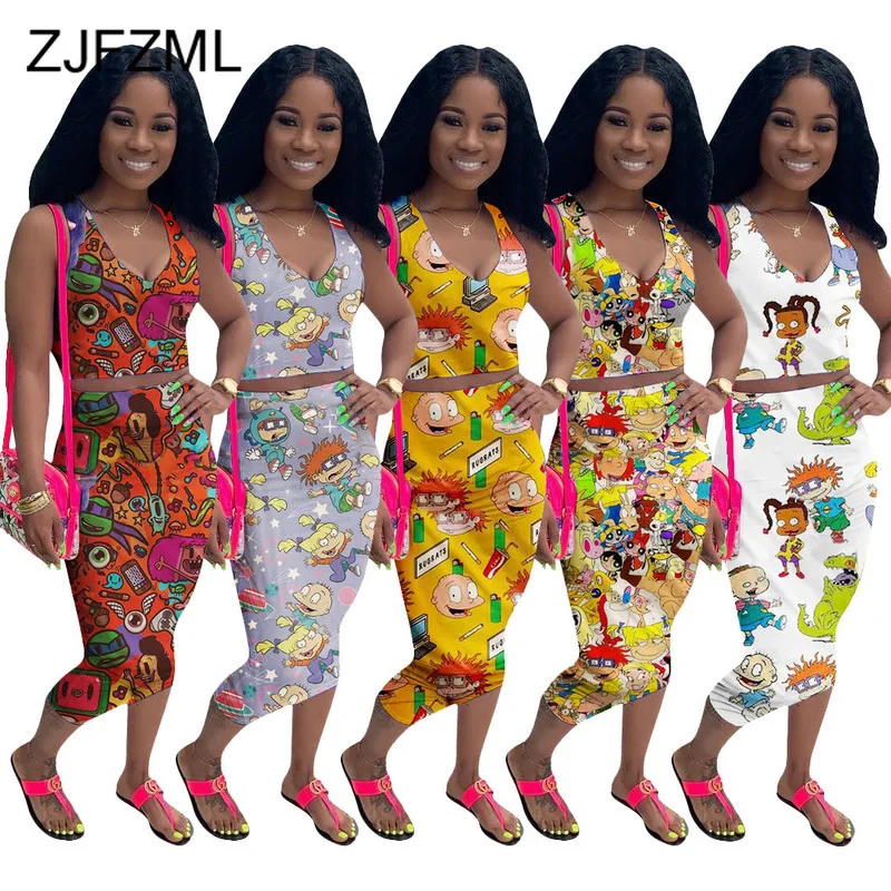 

Cartoon Character Print Two Piece Outfits For Women Deep V Neck Sleeveless Crop Top And High Waist Skinny Skirt Summer Tracksuit