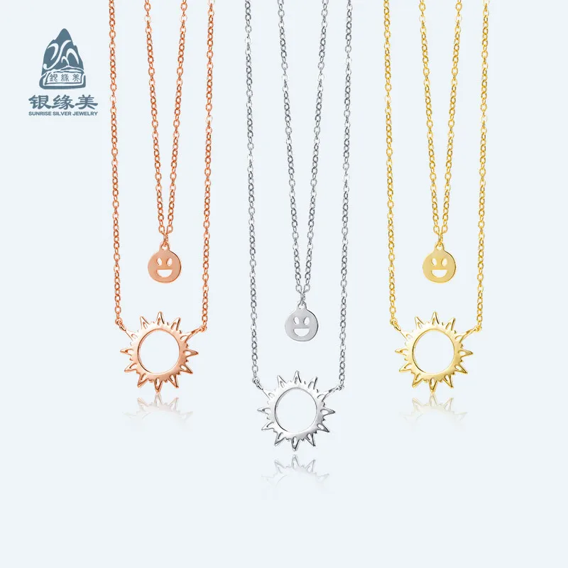 

Yinyuanmei S925 Fine Silver Sun Double Layer Smiley Necklace Custom Accessories Wholesale Jewelry a Generation of Fat Necklace