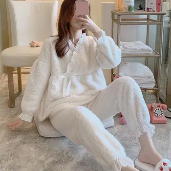 

Autumn Fashion Plus Velvet Pajamas Two-piece Long-sleeve Ruffle V-neck Lace-up Pyjamas Cotton Loose Casual Home Nightwear Women