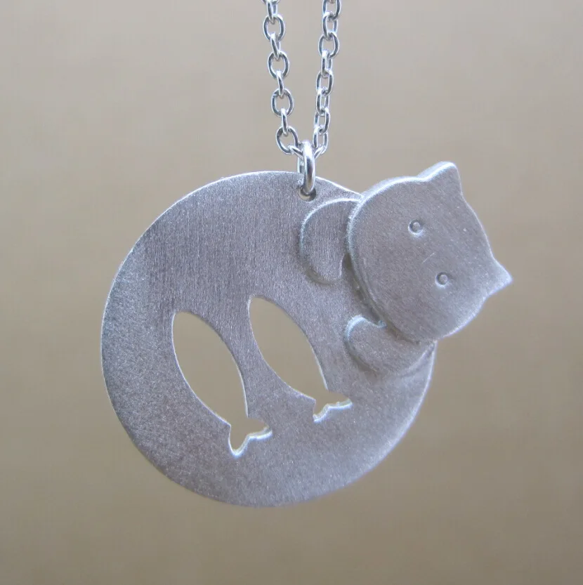 

925 Sterling Silver Cute Kitten Pendant Necklace Filigree Matt Sand Finish S925 Silver Jewelry (BLY)