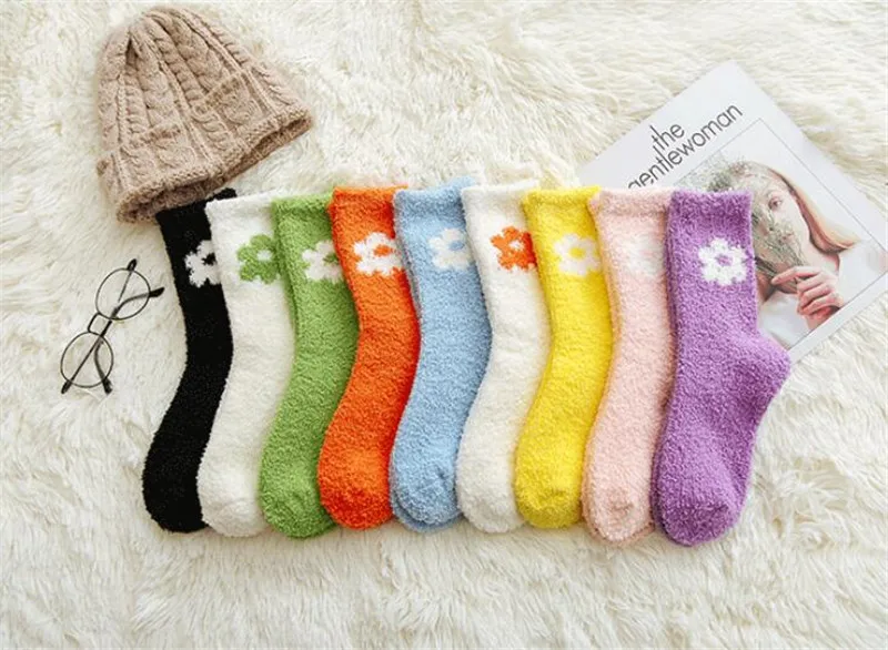 5Pairs/lot Cute Candy Color Solid Soft Women Fluffy Socks Coral Velvet Winter Warm Home Indoor Floor Terry Towel Fuzzy Socks