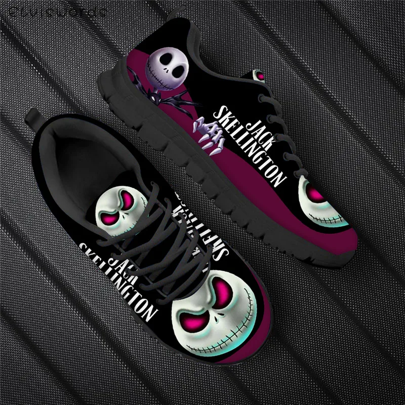 

ELVISWORDS The Nightmare Before Christmas Print Sneakers Women Casual Breathable Flats Jack Skellington and Sally Design Shoes