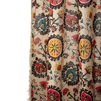 

Hanging Cotton Linen Curtain Panel With Tassels Home Decor Country Style Shading Bedroom Soft Darkening Floral Printed Hotel