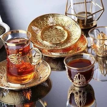 

Handmade Authentic Gold Silver Anatolian Arabic Turkish Tea Cups and Saucers Set for Six People Made In Turkey