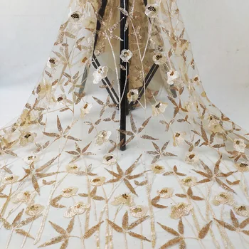 

1 Yard Sparkle Embroidery Floral Leaves Sequins Beaded Mesh Lace Fabric Navy Blue For Wedding Dress Fabric Bridal Gowns Fabric