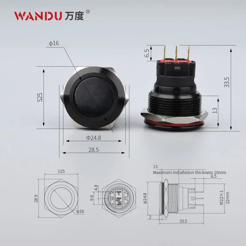 WD22mm переключатель из нержавеющей стали без светодиодного металлического