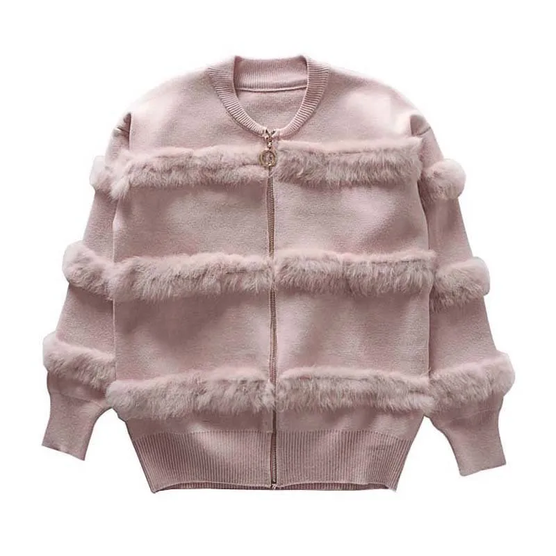 D00734 pink Шикарный Кролик Мех пэчворк теплая трикотажная куртка Джерси для женщин молния дизайн свитера Кардиган элегантный женский вязаный пальто - Цвет: D00734 pink
