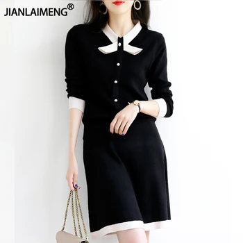 

Elegant Ladies Women Sweater Skirt Suit Casual Knitted Female Skirts Suits Two Piece Sweet Bow Pearl Button 2 piece set women