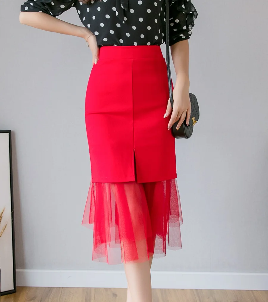 Faldas Mujer Moda элегантные весенние модные красные юбки женские черные корейские офисные летние юбки с высокой талией размера плюс