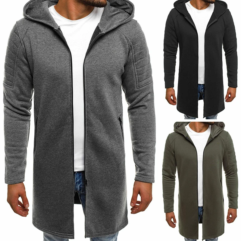 

FAVSPORTS Men Coats Winter Long-style with Hooded Jacket Men's Solid Casual Sweater Gentleman Cardigan Windbreaker for Male