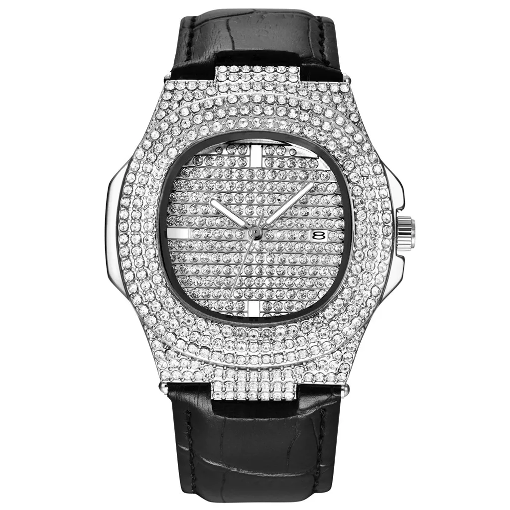 

Top Luxury Men's Watch Unique Bling Rhinestone Diamonds Mans Watches Quartz Leather Strap Stainless Steel Wristwatch relogio