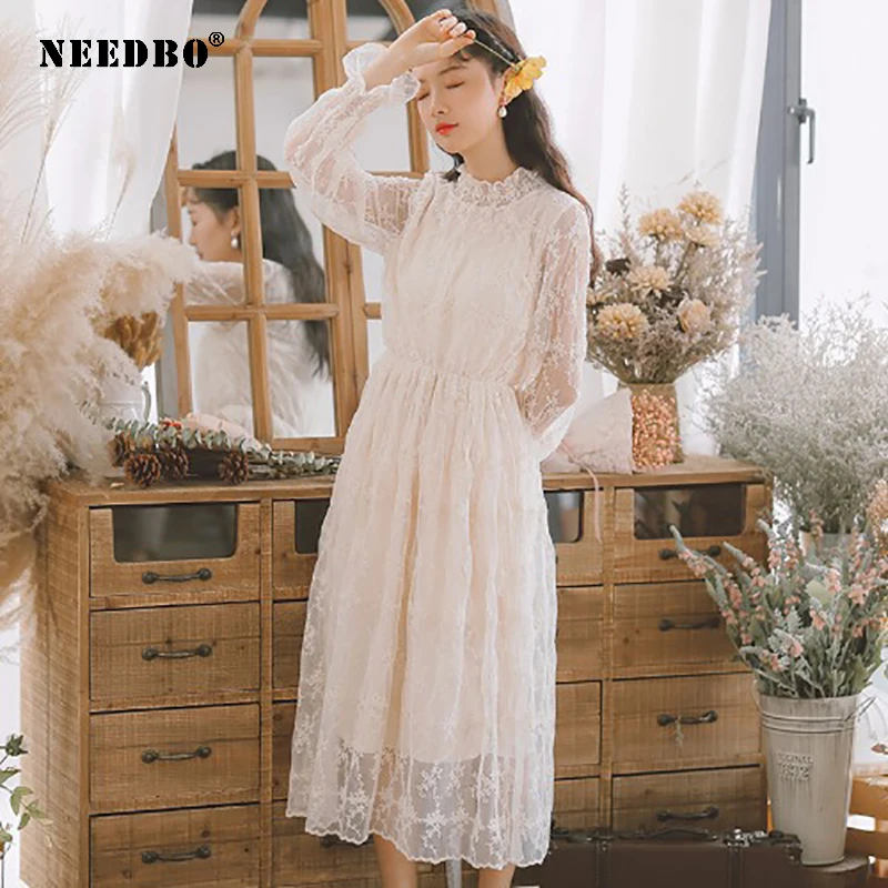

NEEDBO Women Dress Elegant Casual Mesh Sexy Lace Vestidos Sexy Dress White Petal Long Sleeve Party Dresses Women Evening Robe