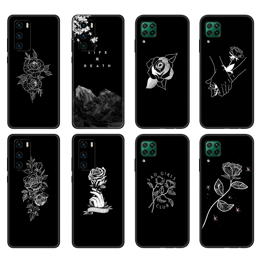 Custodia In Tpu Nero Per Huawei P30 Lite P30 Pro P40 Custodia Per Huawei P40 Lite E P Smart 2020 Cover Black White Rose Flower
