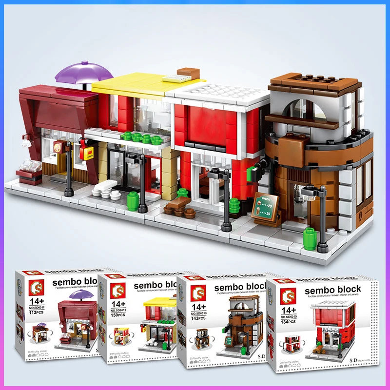 

City Mini Street Kids Git View 3D Model Building Blocks Cafe Retail Store Ice Cream Shop Architecture Bricks Toys Children Gift