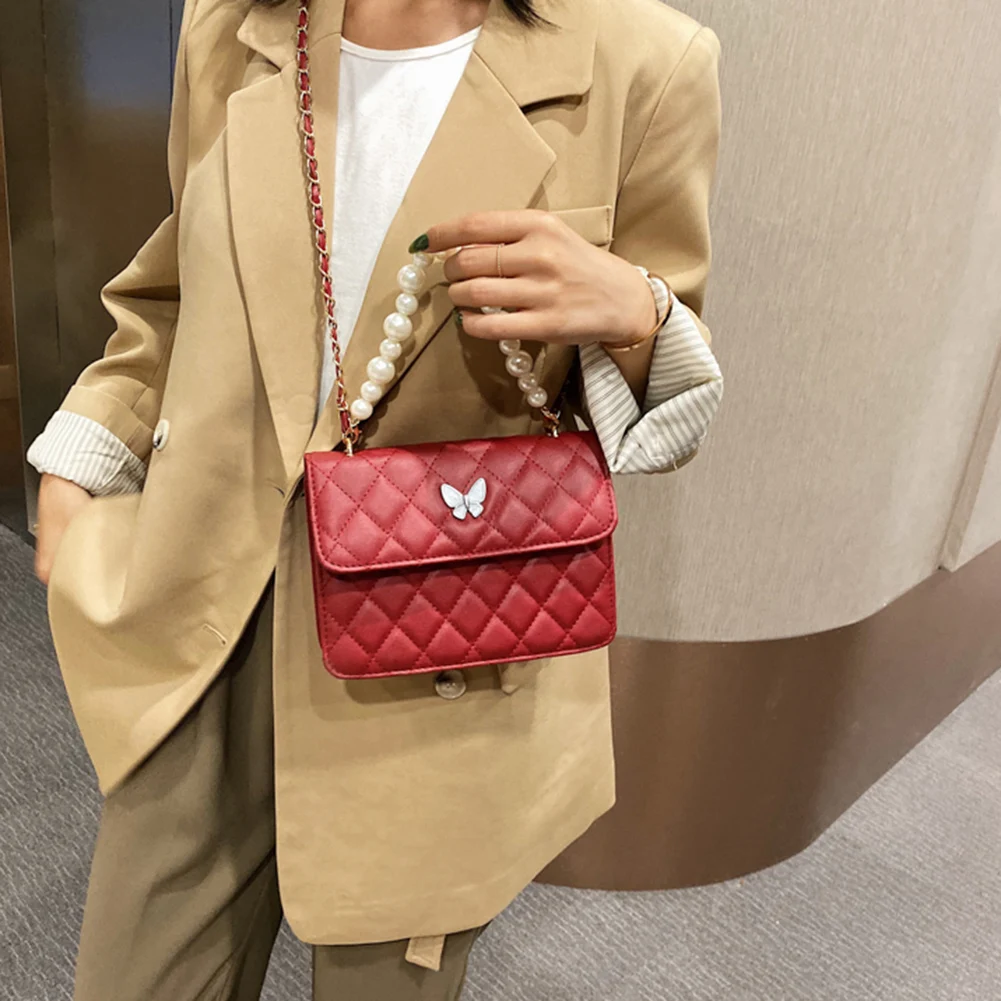 

Lattice Pattern Messenger Women's Bags Pearl Decoration PU Shoulder Handbags for Ladies Fashion Causal Red Bags