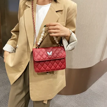 

Lattice Pattern Messenger Women's Bags Pearl Decoration PU Shoulder Handbags for Ladies Fashion Causal Red Bags