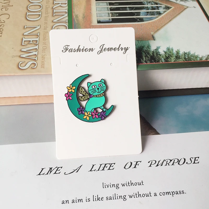 New Green Pink Moon Cat Brooch Child Cute Flowers Animal Badge Fashion Denim Backpack Pendant Jewelry Gift | Украшения и