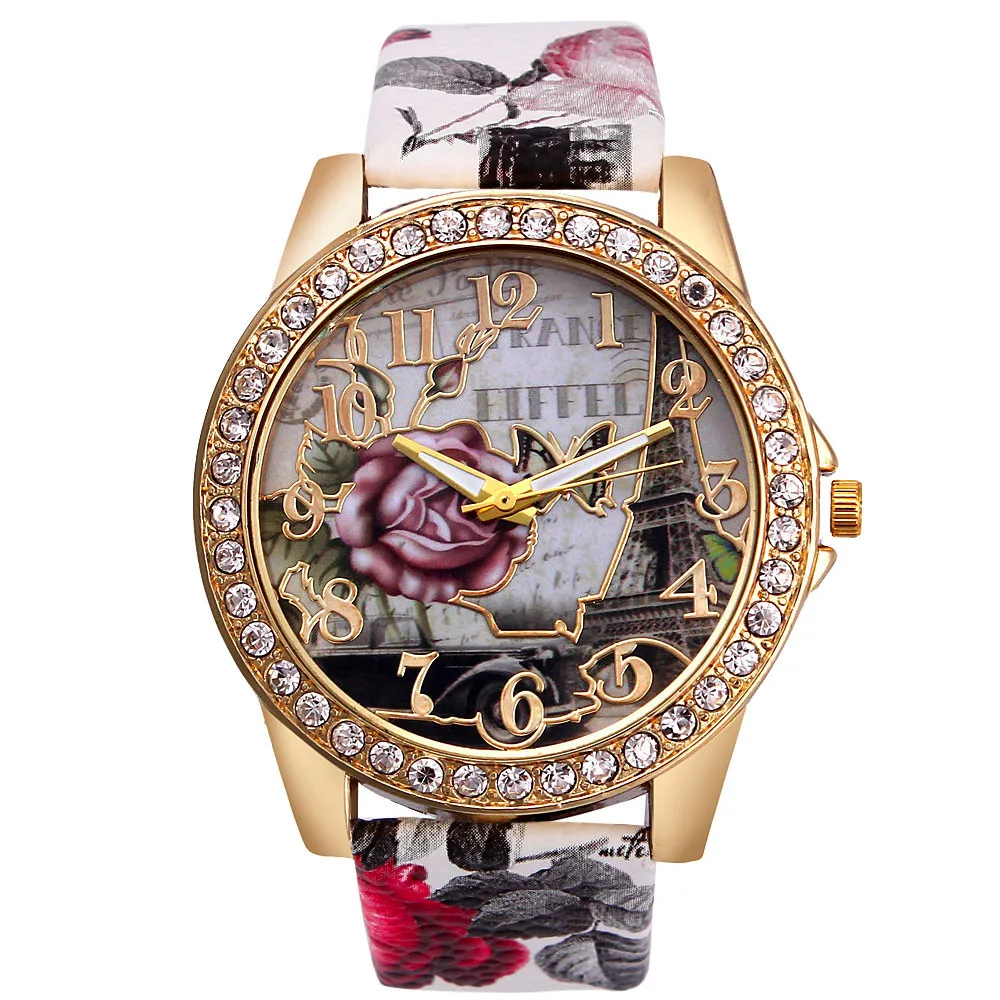 

Woman's Watches Fashion Chic Rose Pattern Leather Band Analog Quartz Vogue bayan kol saati montre femme 2019 horloges vrouwen