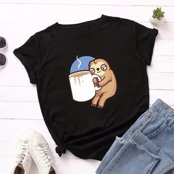 

Women T shirt Summer Cotton Plus Size 4XL 5XL Short Sleeve Cute Coffee Sloth Print Casual O Neck Female Tshirt Basic Tees Tops