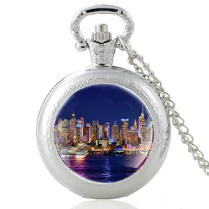 New Arrival New York Night View Pattern Silver Vintage Quartz Pocket Watch Men Women Charm Pendant Necklace Hours Clock Gifts