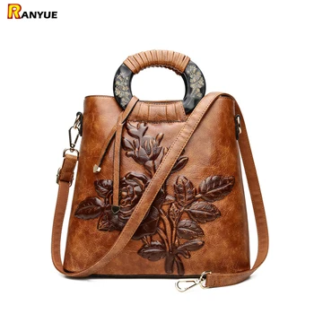 

Women Leather Handbag Vintage Bucket Bags Embossing Printing Retro Designer Floral Handbag 2020 Luxury Tote Bag High quality bag