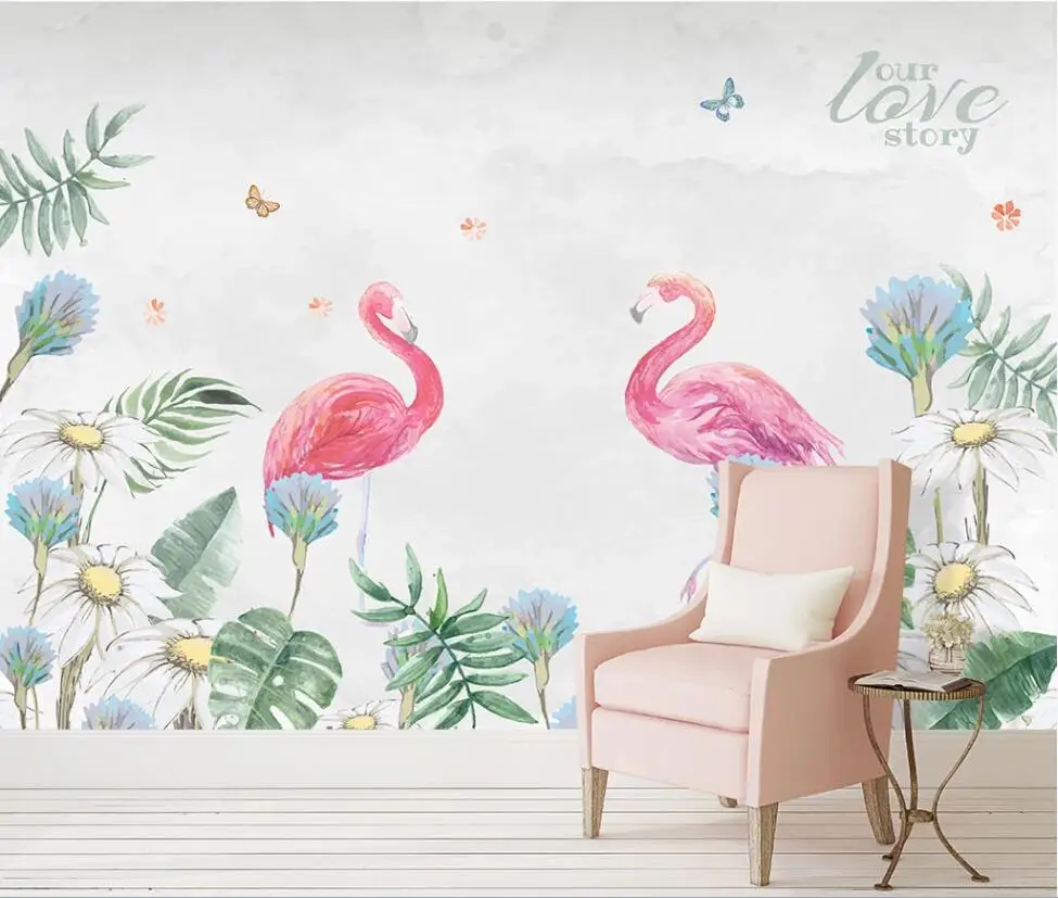 

XUE SU Large custom mural wallpaper Nordic hand-painted tropical plants flamingo sofa TV background wall covering