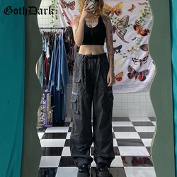 Goth Dark Grunge Techwear – jean gothique Punk noir pour femme, pantalon Cargo à jambes larges, taille haute, mode Patchwork, Streetwear 