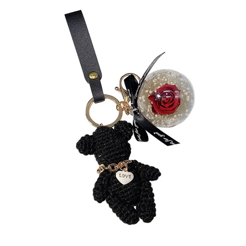 Creative Cute Handmade Knitting Gloomy Bear Keychain Women Luxury Natural Flower Key Chain Lanyard Bag Charms Couple Gift