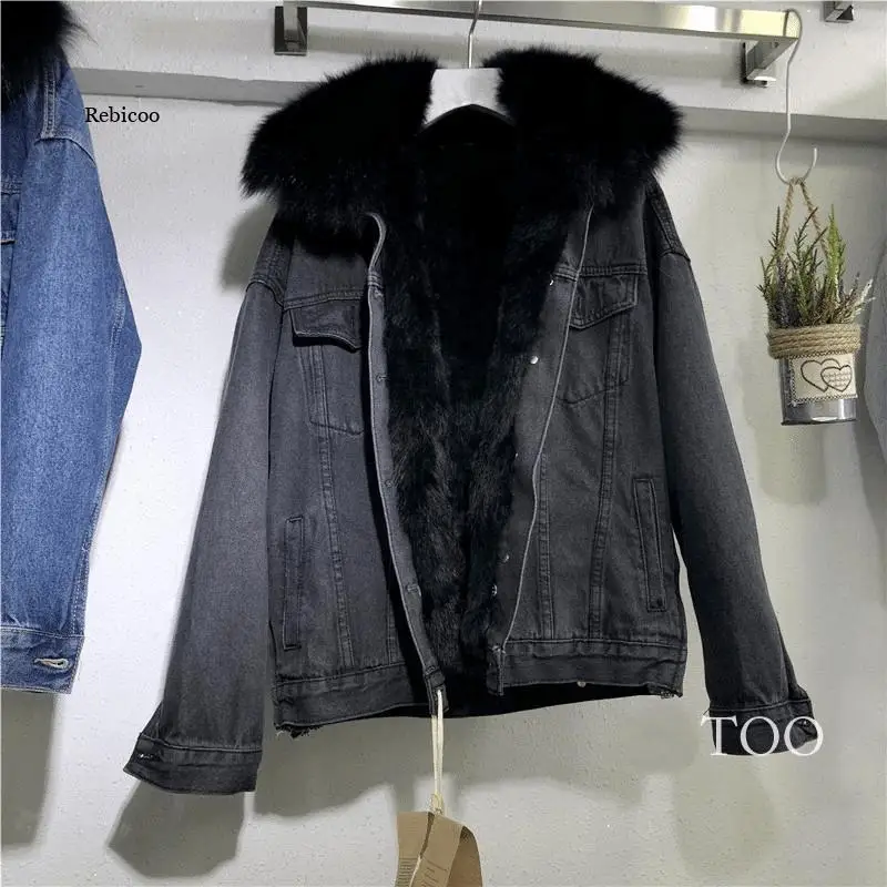 

Autumn Winter Women Denim Jacket for Women Parka Imitation Rabbit Fur Fleece Thicken Detachable Padded Warm Overcoat Tops