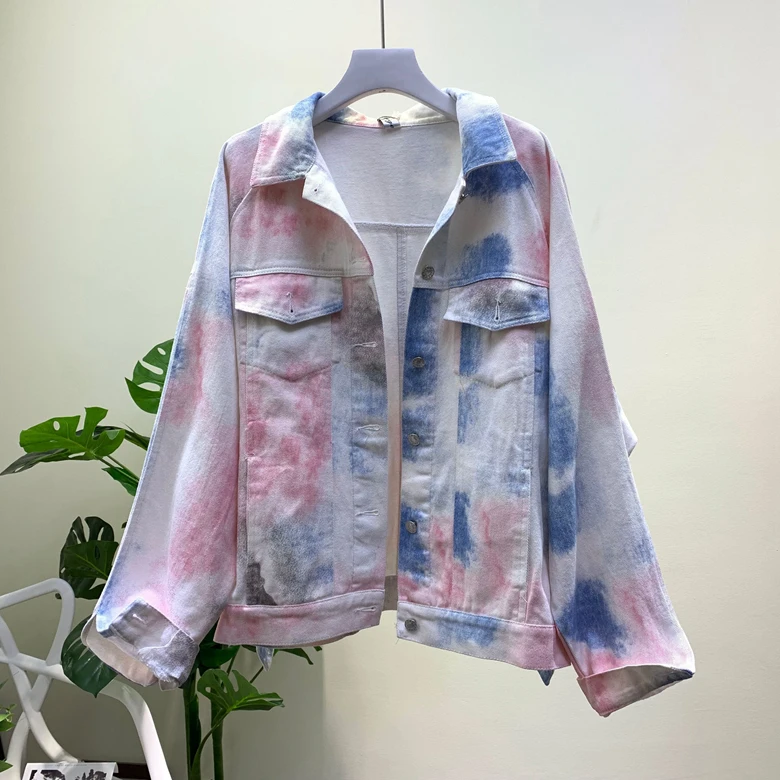 

European Denim Jacket Spring Autumn Pop New Loose Bat Sleeve Graffiti Long Sleeve Cowboy Girl Student Jean Coat Women and Men