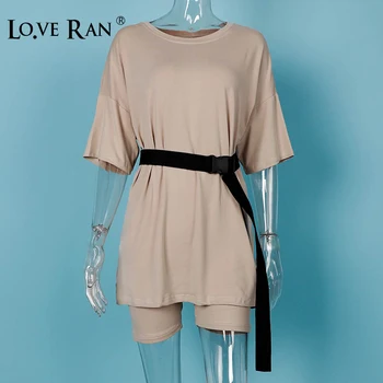 

Women's Two Piece Sets With Belt Half Sleeve Solid O-Neck Ladies Set Outfits Summer Autumn Streetwear Female Tracksuit Oversized