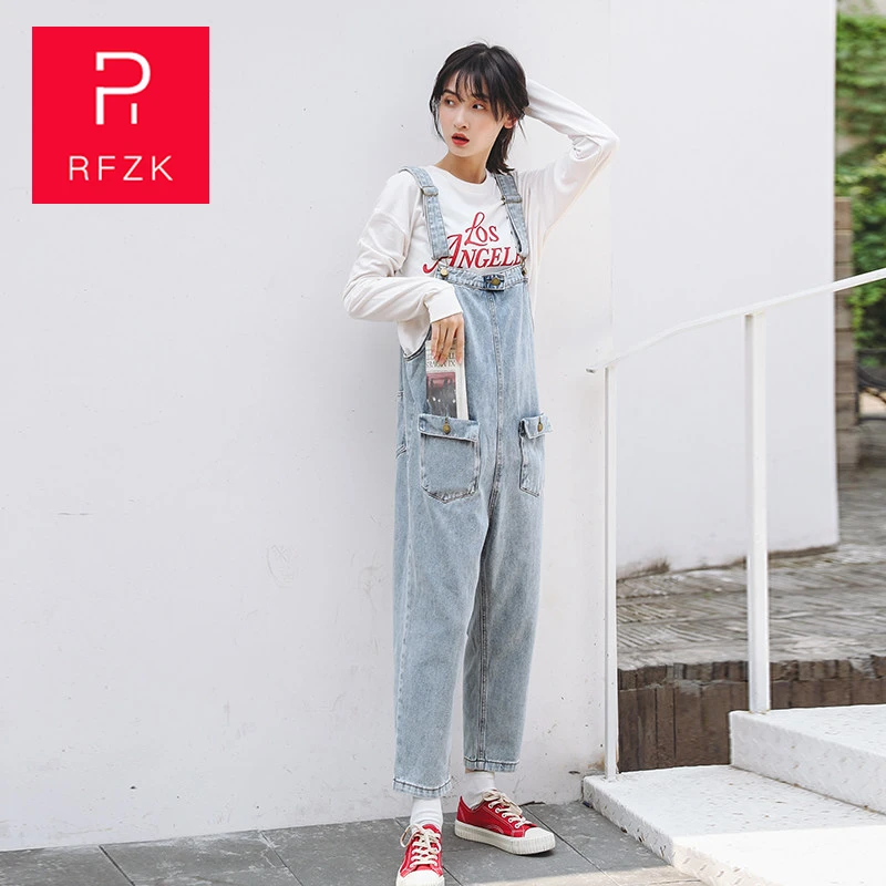 

RFZK 2020 New loose Jean Women Plus Size Wide Leg Denim Overalls bib Cowboy Pants Korean-style Camisole Loose Ankle-length Pants