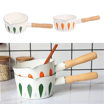 

Small Enamel Milk Pot Baby Food Cooking Pan Skillet with Wooden Handle Soup Pot