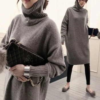 

Autumn winter New Casual Loose Plus Size Knitting Dress Women Solid Turtelneck Sweater Dresses Long Sleeve Pullover vestidos 883