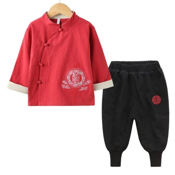

Red color boys spring clothes Chinese printing wind children spring linen cotton suit boys girls kindergarten одежда для девочек